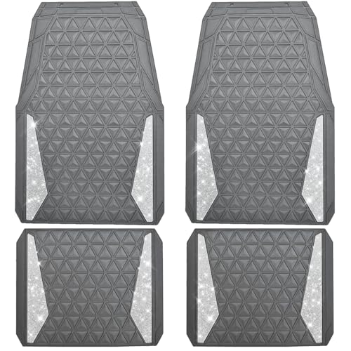 CAR PASS Bling Diamond Car Mats Gray Rubber Floor Mats Full Set Anti-Slip 3D Rhombus Waterproof Trim to Fit Liner Universal Glitter Crystal Sparkly Shining Rhinestone Girl Women SUV Sedan Van All Gray - color: Gray Rubber