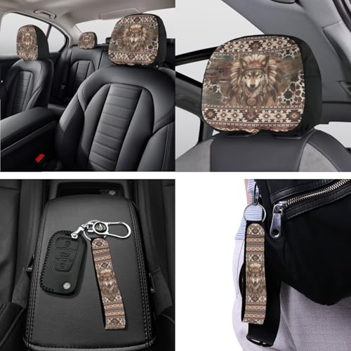 Horeset Aztec Wolf 11 Pieces Car Seat Cover with Headrest Cover Cup Coasters Handbrake Gear Shift Sleeve and Lanyaeds Key Chain Universal Fit Most Cars SUV Van Sedan - color: Aztec Wolf