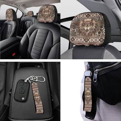 Horeset Aztec Wolf 11 Pieces Car Seat Cover with Headrest Cover Cup Coasters Handbrake Gear Shift Sleeve and Lanyaeds Key Chain Universal Fit Most Cars SUV Van Sedan - color: Aztec Wolf