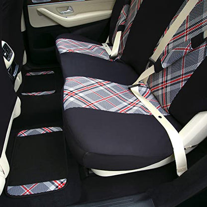 FH Group Full Set Plaid Print Cloth Car Seat Covers Combo Set with Carpet Floor Mats, Universal Fit, Washable Seat Cover for SUV, Sedan, Beige - color: Beige