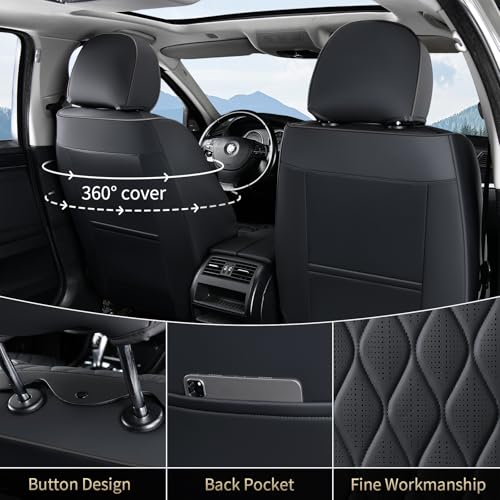 Leather Seat Covers Full Set Black Car Seat Covers with Lumbar Support Waterproof Car Seat Cushion 5 Seats Full Coverage Seat Protector Universal Fit for Most Cars Sedans Trucks SUV, Black