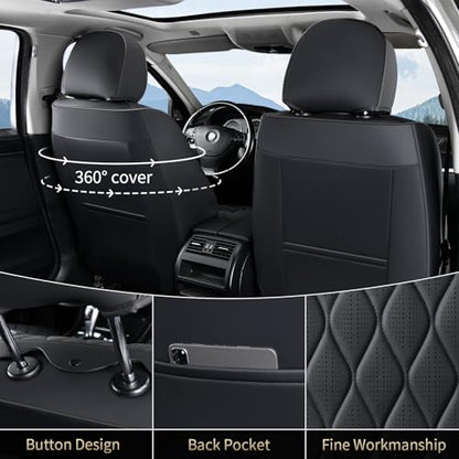 Leather Seat Covers Full Set Black Car Seat Covers with Lumbar Support Waterproof Car Seat Cushion 5 Seats Full Coverage Seat Protector Universal Fit for Most Cars Sedans Trucks SUV, Black