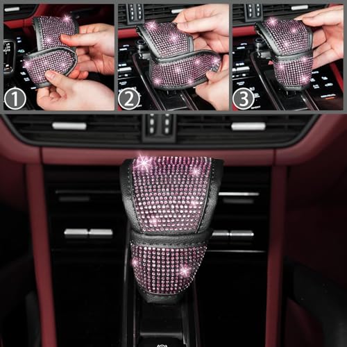 NBTEPEM 12 Pcs Bling Car Accessories Set for Women Car Floor Mats Full Set Steering Wheel Cover Seat Belt Covers Coasters Universal Fit Car SUV Truck Van Pink