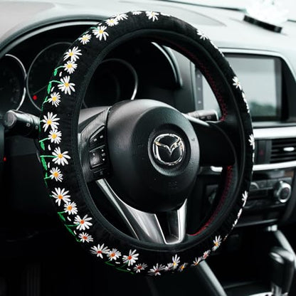 Embroidered Cute Daisy Black Steering Wheel Cover,Flower Steering Wheel Cover Protector for Women,Universal Fit Most Cars -15 inch - color: Black