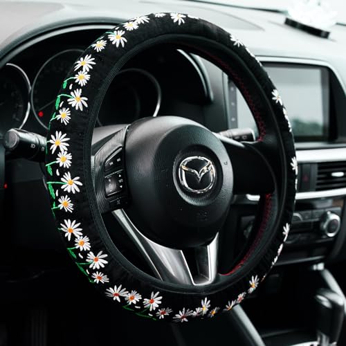 Embroidered Cute Daisy Black Steering Wheel Cover,Flower Steering Wheel Cover Protector for Women,Universal Fit Most Cars -15 inch - color: Black