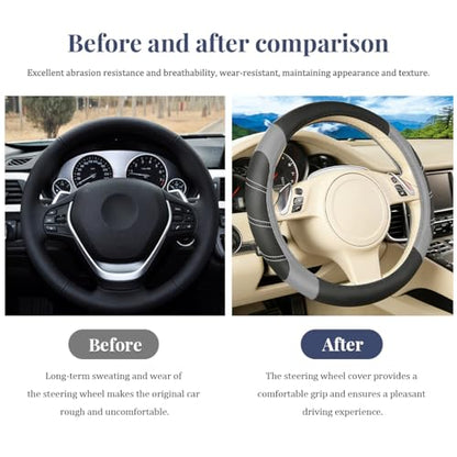 HZEL 4PCS Car Accessories Set, 14.5-15" Non-Slip Soft Microfiber Leather Steering Wheel Cover, Comfortable Seat Belt Cushion, Center Console Armrest Cover, Universal Fit (Black/Gray) - color: Black/Gray