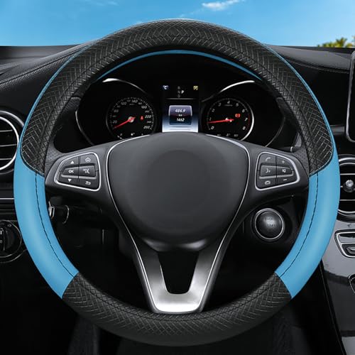 Leather Patchwork Black Blue Steering Wheel Cover, 14.5-15 Inch Non-Slip Breathable Microfiber Car Steering Wheel Protector - color: Leather Patchwork - Black Blue