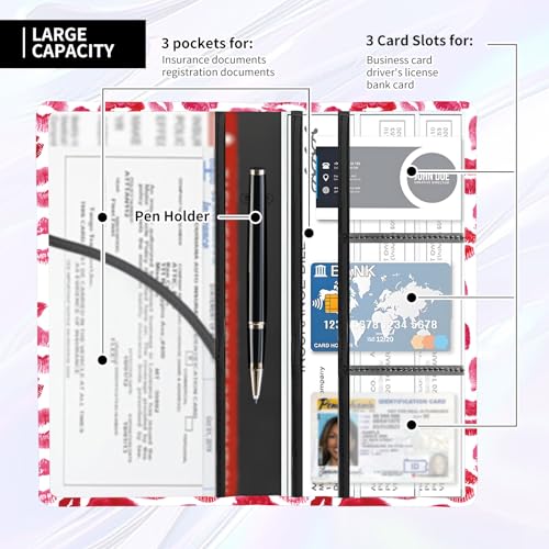 Leather Car Registration and Insurance Card Holder, Cute Car Accessories Vehicle Glove Box Car Organizer for Documents, Cards, License Luxury Red Lips - color: Luxury Red Lips