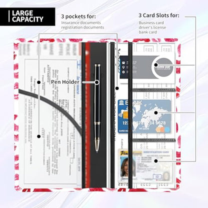 Leather Car Registration and Insurance Card Holder, Cute Car Accessories Vehicle Glove Box Car Organizer for Documents, Cards, License Luxury Red Lips - color: Luxury Red Lips