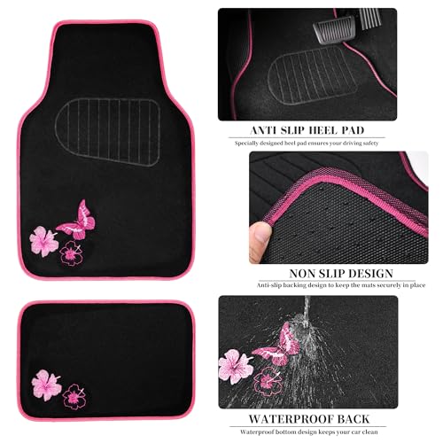 CAR PASS Embroidery Butterfly Steering Wheel Cover and Waterproof Car Floor Mats,Pink Car Mats 14.5-15inch Steering Wheel Covers Universal Fit for Cars, Suvs,Sedans,Van,for Women Girl(Black and Pink) - color: Black and Pink Butterfly