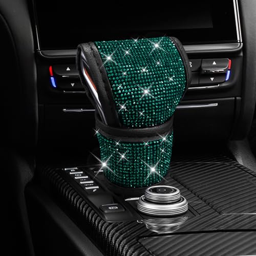 Bling Auto Gear Shift Knob Cover, Car Shifter Cover, Sparkly Crystal Rhinestones Gear Shift Knob Cover for Women Girls, PU Leather Shift Gear Cover with Bling Accessories Fit Cars (Green) - color: Green