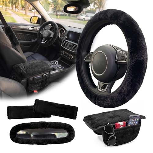 5 Pcs Fuzzy Black Color Car Accessories Set, Soft Fluffy Plush Steering Wheel Cover, Center Console Armrest Pad & Rearview Mirror Cover - Interior Decorations for Women,Universal Fit (Black) - color: Black