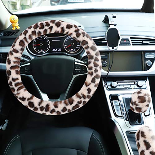 Fuzzy Steering Wheel Cover for Women Girls, Accmor Universal Fit 15 inch Fur Car Wheel Cover & Handbrake Cover & Gear Shift Cover Set, Fashion Leopard Winter Warm Fluffy Vehicle Wheel Protector - color: Beige/Dark Brown Leopard