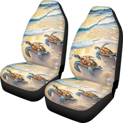 Beach Turtle Starfish Shell Print Car Seat Covers, 2 Pieces Washable Auto Seats Protectors Anti-Scratch Front Seat Cushions Car Interior Accessories Universal Fit Most Vehicles - color: Beach Turtle Starfish Shell