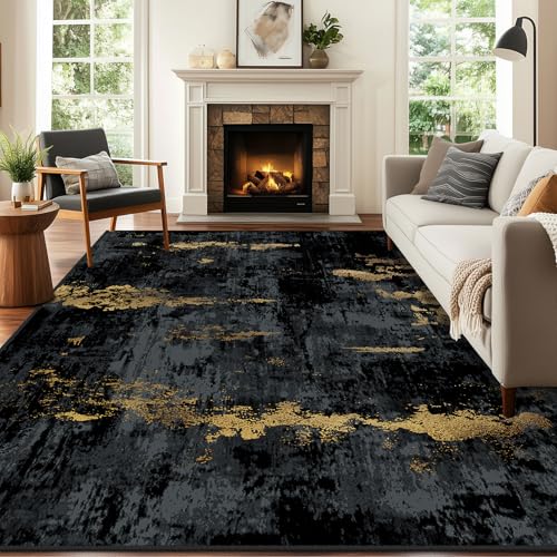 RELEANY Washable Area Rugs 8'x10' Non-Slip Modern Abstract Soft for Living Room Entryway Bedroom Nursery, Print Pattern, Dark Black Gold