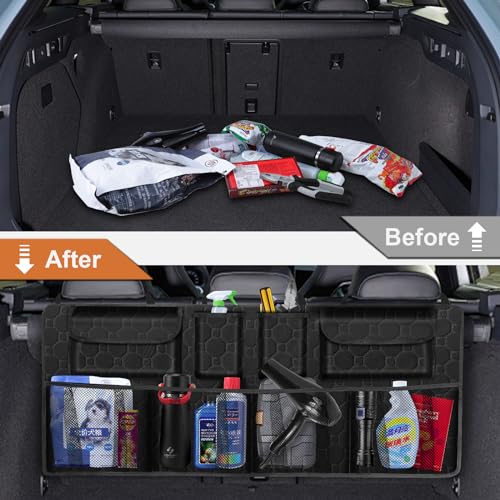 esouler Car Trunk Organizer, Super Capacity Backseat Car Organizer for SUV/Truck/MPV(42"*18"), Hanging Car Storage Organizer with 8 Pocekts, Car Accessories for Women and Men- Black