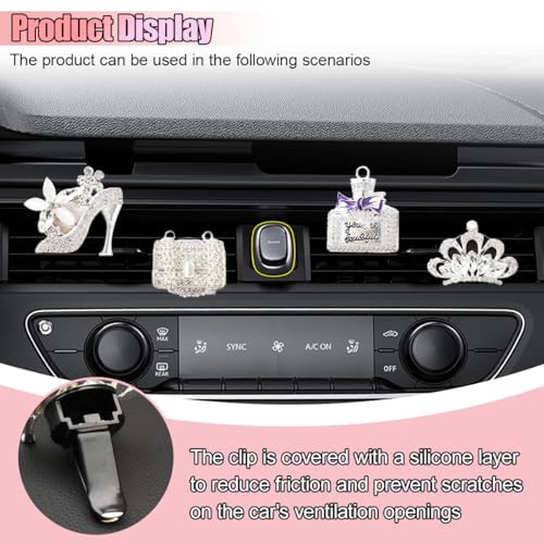 4PCS Bling Car Air Vent Clip, Crystal Rhinestone Heels Bag Crown Perfume Bottle Dashboard Air Vent Trim Clips, Car Interior Outlet Diffuser Decoration Accessory for Women (Silver) - size: Silver