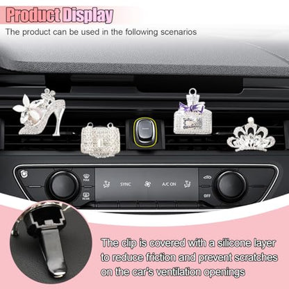 4PCS Bling Car Air Vent Clip, Crystal Rhinestone Heels Bag Crown Perfume Bottle Dashboard Air Vent Trim Clips, Car Interior Outlet Diffuser Decoration Accessory for Women (Silver) - size: Silver