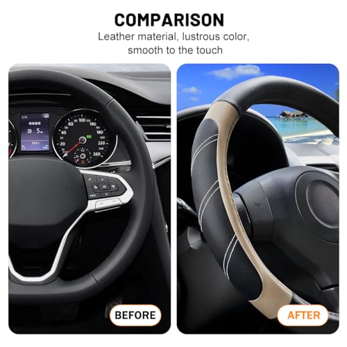 Car Steering Wheel Cover, 15 Inch Carbon Fiber Leather Non-Slip Steering Wheel Protector with Lining, Breathable Automotive Interior Accessories, Universal for SUV RV Truck (Beige)