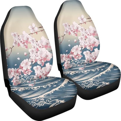 Cherry Blossom Sea Wave Print Car Seat Covers, 2 Pieces Washable Vehicles Front Seat Protectors, Scratch-Resistant Bucket Seat Cover Fits Most Vehicles, Sedans, Trucks, SUVs, Vans - color: Cherry Blossom Sea Wave