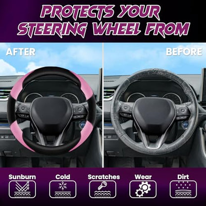 Soft Leather Steering Wheel Cover with Breathable Design and Anti-Slip Grip, Fully Compatible with Tesla, Toyota, Honda, Nissan 14.5-15.2 inch Round Steering Wheel（Sedans and SUVs） - color: DOUBLE-PINK