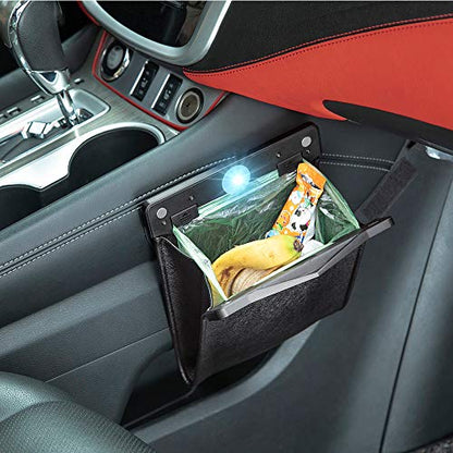 Smart LED Car Trash Can Waterproof Garbage Bag Passenger Side Artificial Leather Storage Pocket Leak Proof Reusable Traveling Portable Offices Toilet Garbage Cans Back Seat Hanging (Black-1pack) - color: Black-1pack