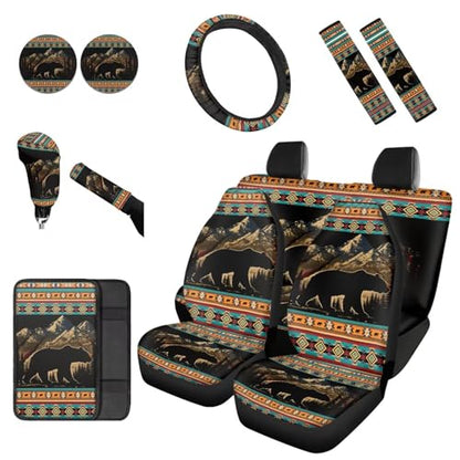 Dreaweet Mountain Bear Aztec Car Seat Covers Full Set 12 Pcs Southwestern Car Accessories Seat Covers with Steering Wheel Cover/Arm Rest Pads/Seat Belt Pads/Coasters/Gear Shift Cover/Handbrake Cover - color: Mountain Bear Aztec