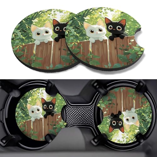 Car Cup Coasters,2 Pack Car Coaster,2.75inch Anti Slip and Absorbent Cars Coasters for Cup Holders,Neopren Accessories for Women,Cute Decor for Women (Two Cats) - color: Two Cats