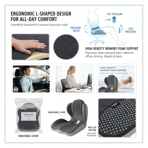 Ergonomic L-Shaped Memory Foam Seat Cushion for Car and Office Chair, Coccyx Support Cushion for Back and Hip Pain Relief, Universal Cushion for Car Seat, Wheelchair, Gaming Chair, Gray