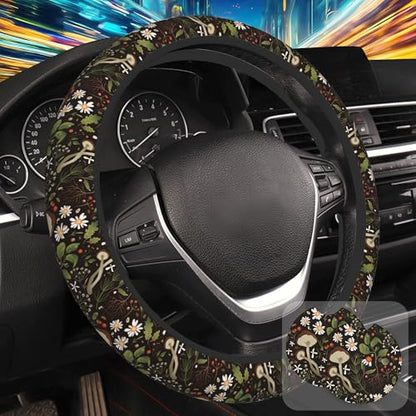 Mushrooms and Herbs Steering Wheel Cover with 2 Pcs Car Coasters Neoprene Steering Wheel Cover for Women Men Anti-Slip Breathable Car Accessories Universal 15 Inch Fit Auto Cars Trucks - color: Mushrooms and Herbs