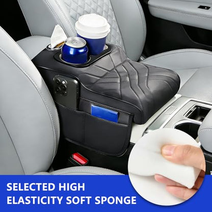 Upgraded Car Center Console Cover,PU Leather Car Armrest Cover Cushion Contains High Elasticity Sponge with 2 Storage Bags Tissue Box (Black-A) - color: BLACK-A