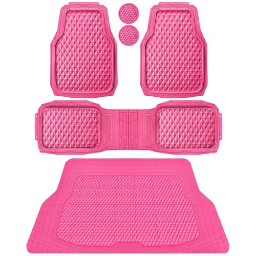 CAR PASS Heavy Duty Rubber Hot Pink Car Floor Mats & Cargo Liners, Deep Dish All-Weather Trunk Mats Durable Anti-Slip 3D Rhombus Waterproof Trim to Fit Liner Universal Fit Auto,Sedan,SUV,Truck, Pink - color: hot pink with cargo liner
