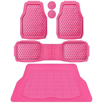 CAR PASS Heavy Duty Rubber Hot Pink Car Floor Mats & Cargo Liners, Deep Dish All-Weather Trunk Mats Durable Anti-Slip 3D Rhombus Waterproof Trim to Fit Liner Universal Fit Auto,Sedan,SUV,Truck, Pink - color: hot pink with cargo liner
