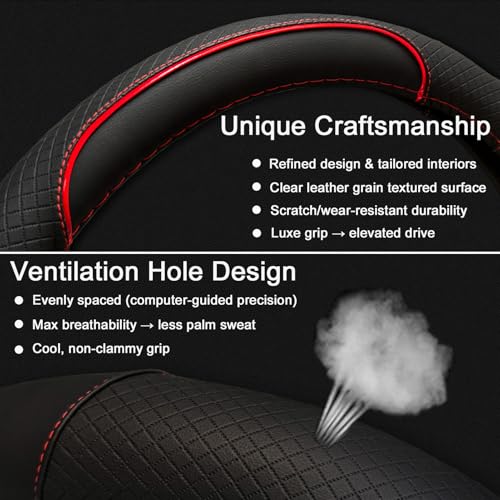 Steering Wheel Cover for Dodge RAM 1500, 2500, 3500 - Premium Microfiber Leather Auto Car Accessory with Non-Slip Grip, Rugged Durability & Interior Upgrade, 15.5-16 inch (Red-Large Size)