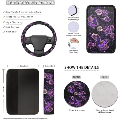 Butterfly Flower Print Car Accessories Sets, Cars Front Back Seat Covers Steering Wheel Covers Safety Belt Cover Arm Rest Covers Head Rest Cover Cup Holder Keychain, Universal Fits, 16 Piece - color: Purple and Black - Butterfly Flower