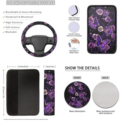 Butterfly Flower Print Car Accessories Sets, Cars Front Back Seat Covers Steering Wheel Covers Safety Belt Cover Arm Rest Covers Head Rest Cover Cup Holder Keychain, Universal Fits, 16 Piece - color: Purple and Black - Butterfly Flower