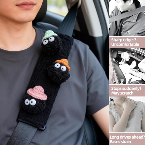 Car Headrest Pillow & Steering Wheel Cover Set with Cute Big-Eyed Black Travel Neck Support Pillow Fur Car Interior Accessory (Safty Belt Cover 2PCS) - color: Black Safty Belt Cover 2pcs