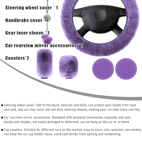 Yourkar 6 PCS Fluffy Steering Wheel Covers Set, 15 Inch Soft Steering Wheel Cover, Handbrake Cover & Gear Shift Cover & Cup Holder Coaster & Car Mirror Accessory, Car Accessories (Purple) - color: Purple