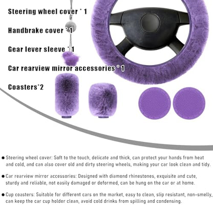 Yourkar 6 PCS Fluffy Steering Wheel Covers Set, 15 Inch Soft Steering Wheel Cover, Handbrake Cover & Gear Shift Cover & Cup Holder Coaster & Car Mirror Accessory, Car Accessories (Purple) - color: Purple