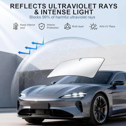 JUSTTOP 300T Car Windshield Sun Shade, Universal Foldable Reflective Sun Shade with Storage Bag, Car Interior Accessories, Fit for Cars Trucks SUVs(63" L x 35" W) - size: L