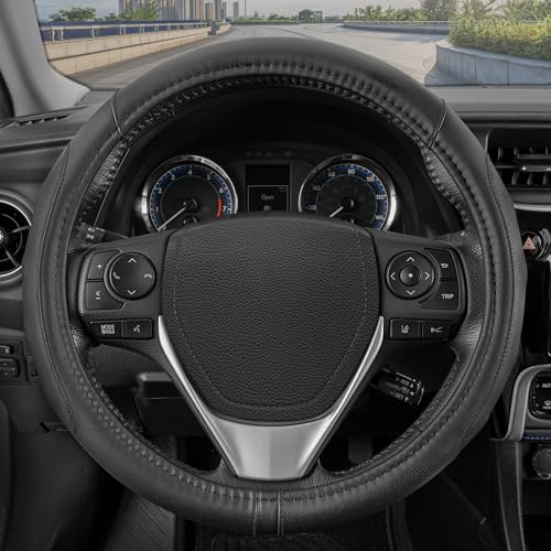 Motor Trend GripDrive Faux Black Leather Steering Wheel Cover for Car Truck Van SUV, Standard 15 inch Size, Solid Black Stitched Car Steering Wheel Cover Vehicle & Auto Accessories - color: Black & Black Accent Stitching, size: Fits 14.5 - 15" SW
