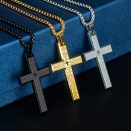 Pendant Cross for Car Rear View Mirror Necklace for Men Charm Car Mirror Hanging Accessories Ornament Stainless Steel Lord's Prayer Cross Necklace With Bible Verse (Black)