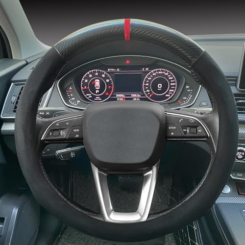 Carodi Car Suede Carbon Fiber Steering Wheel Cover car Anti-Skid Leather car Interior Accessories Decoration 15 inch Universal (Black) - color: Black suede with carbon fiber