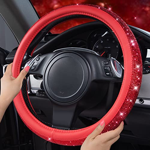 CAR PASS Bling Diamond Leather Steering Wheel Cover, with Bling Sparkly Crystal Glitter Rhinestones Universal Fit 14" 1/2-15" Car Wheel Protect for Women Girl Fit Suvs,Vans,Sedans,Cars,Trucks, Red - color: Red Diamond on Velvet
