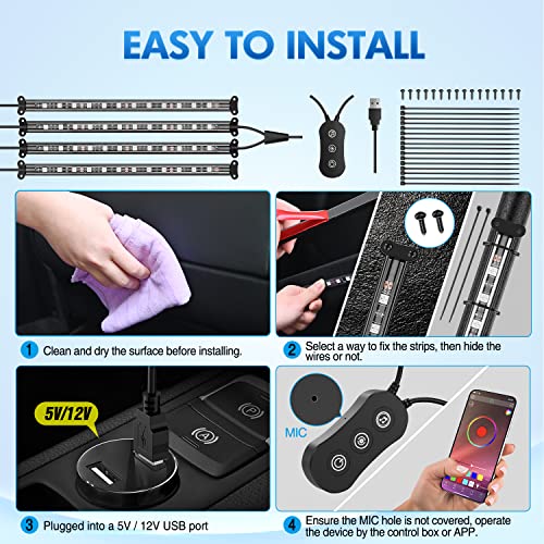 Nilight 4PCS USB Interior Car Lights 48 LEDs RGB LED Strips Lights with App Control Music Sound Active Mode Under Dash Footwell Ambient Lights 2 Line Design for Car Truck ATV UTV, 2 Years Warranty - color: 4PCS USB Interior Lights-APP