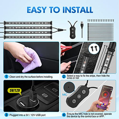 Nilight 4PCS USB Interior Car Lights 48 LEDs RGB LED Strips Lights with App Control Music Sound Active Mode Under Dash Footwell Ambient Lights 2 Line Design for Car Truck ATV UTV, 2 Years Warranty - color: 4PCS USB Interior Lights-APP