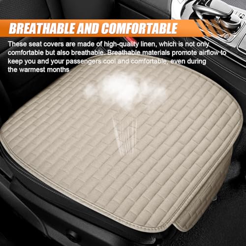 Car Front Seat Cover, Breathable Linen Automotive Seats Cushion, Anti-Slip Vehicle Seat Pad with Storage Pocket, Universal Auto Seats Protection Mat (BeigeSg)