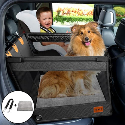 KYG Large Dog Car Seat for Large Medium Size Dogs with Cushion, Waterproof Hard Bottom Car Seat Cover for Dogs with 3 Mesh Windows, Foldable Pet Carseat for Cars/SUVs/Trucks