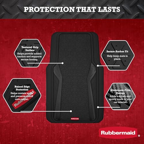 Rubbermaid Car Floor Mats Full Set, Premium Heavy Duty All-Weather Car Mats– Rugged Rubber with Brushed Aluminum Inserts, Universal Trim-to-Fit, Anti-Slip Backing for Cars, SUVs, Trucks & Vans - Black - color: Black