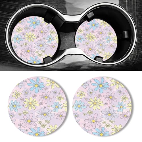 WOCOCN Car Coasters for Cup Holders - 2 Pack 2.75" Universal Rubber Car Cup Coaster, Non-Slip Waterproof Car Interior Accessories, Cute Car Decor Gifts for Women and Men (Daisy) - color: Daisy